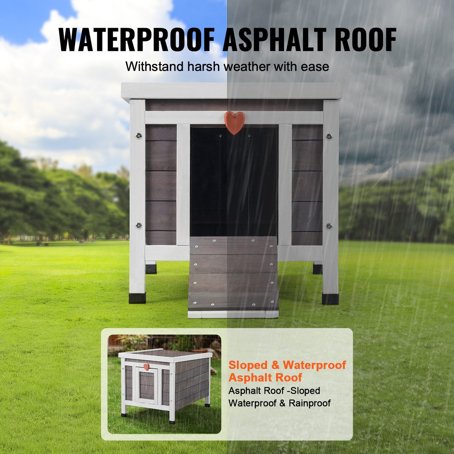Outdoor Cat House Wooden Feral Cat Shelter with Roof & PVC Door Flaps
