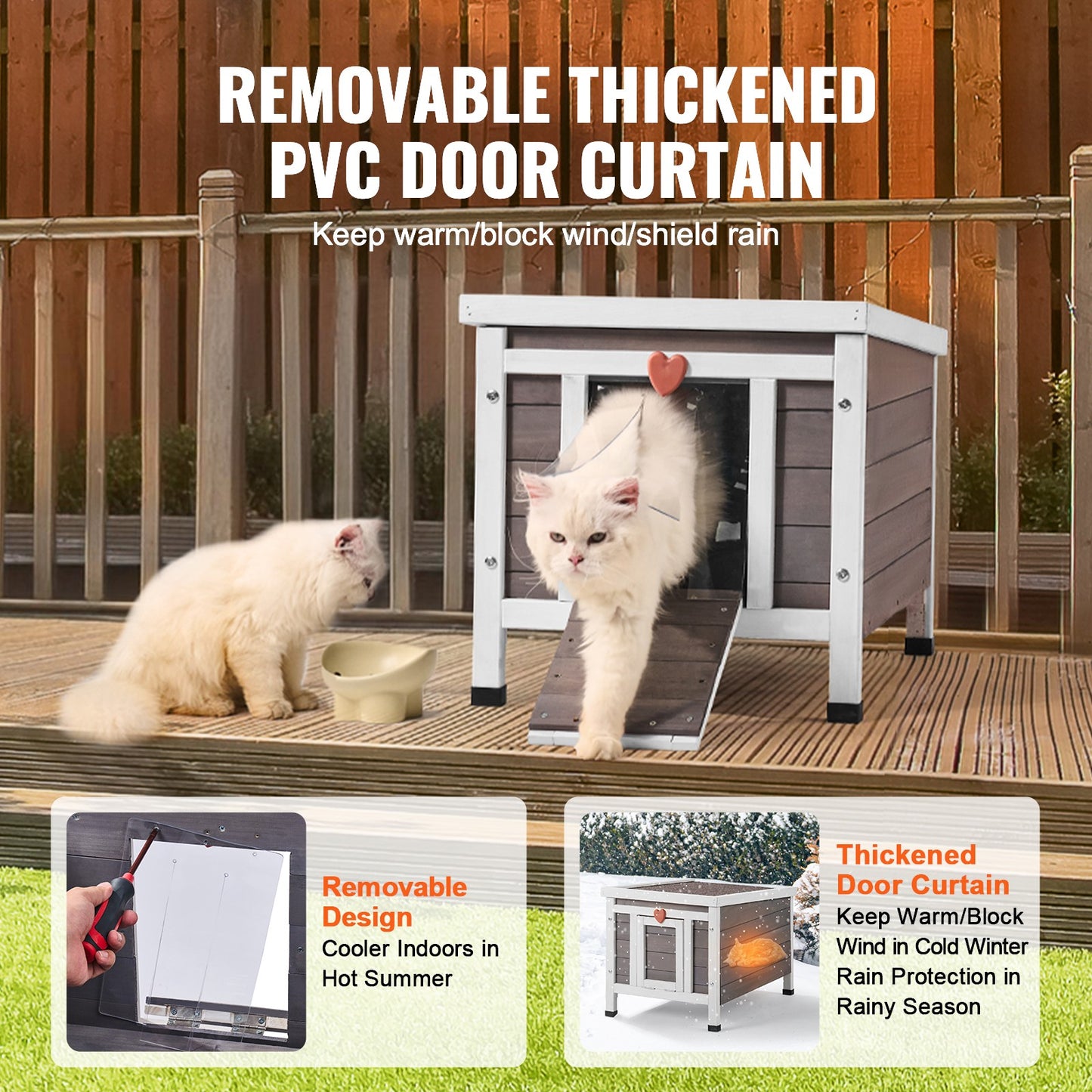 Outdoor Cat House Wooden Feral Cat Shelter with Roof & PVC Door Flaps