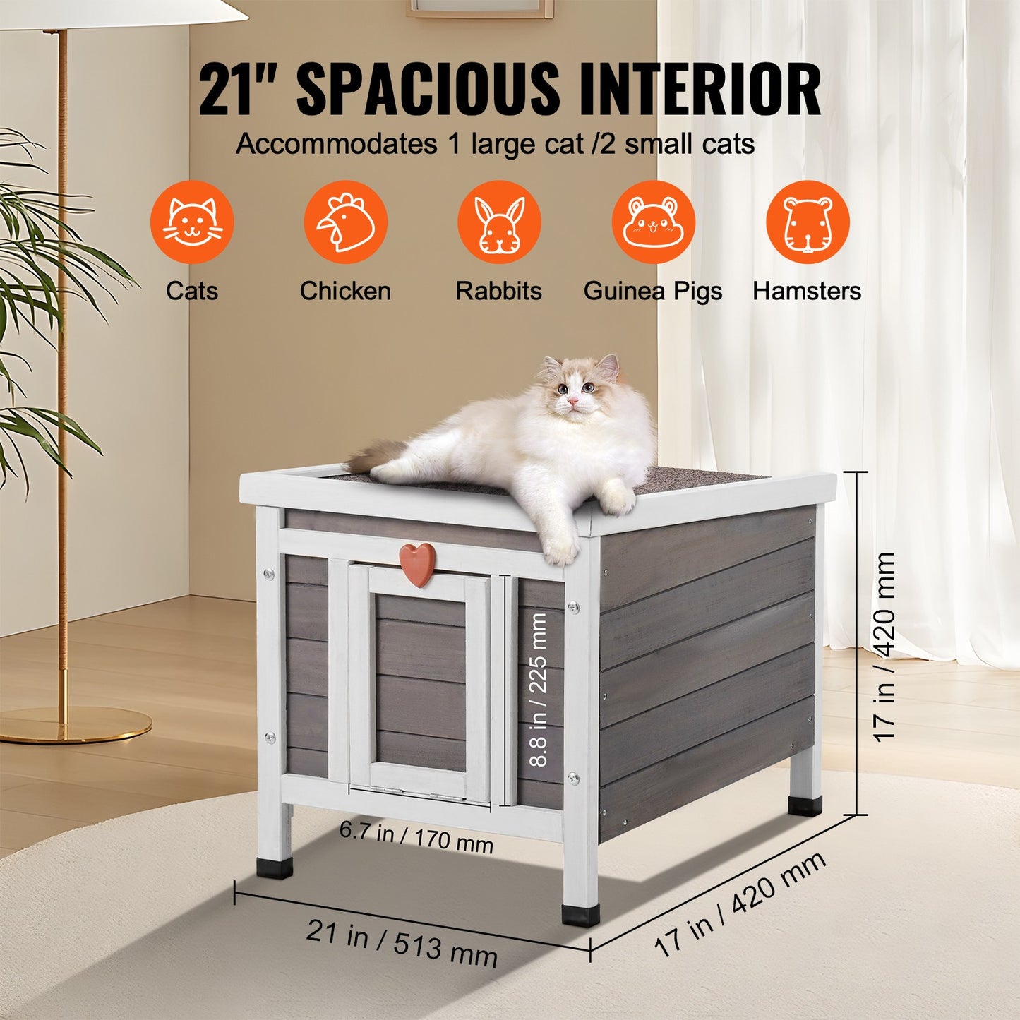 Outdoor Cat House Wooden Feral Cat Shelter with Roof & PVC Door Flaps