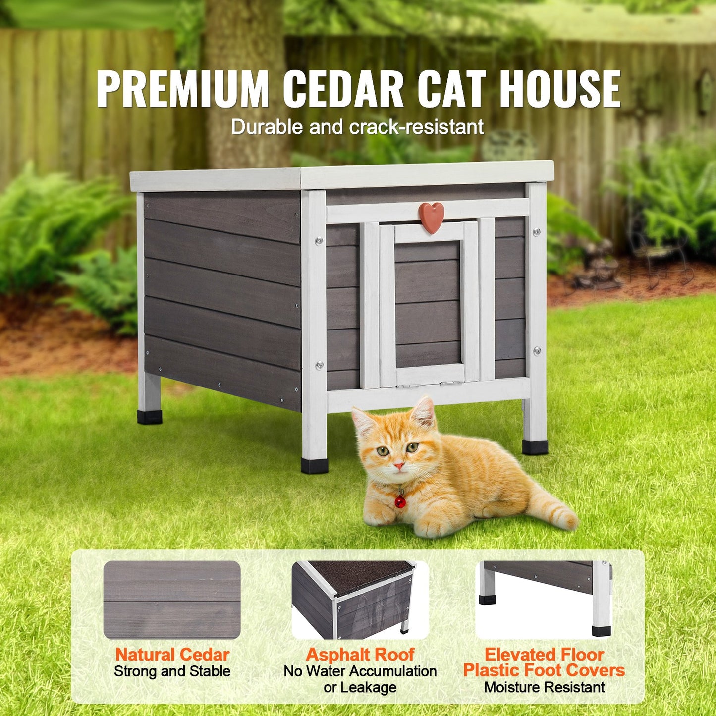 Outdoor Cat House Wooden Feral Cat Shelter with Roof & PVC Door Flaps