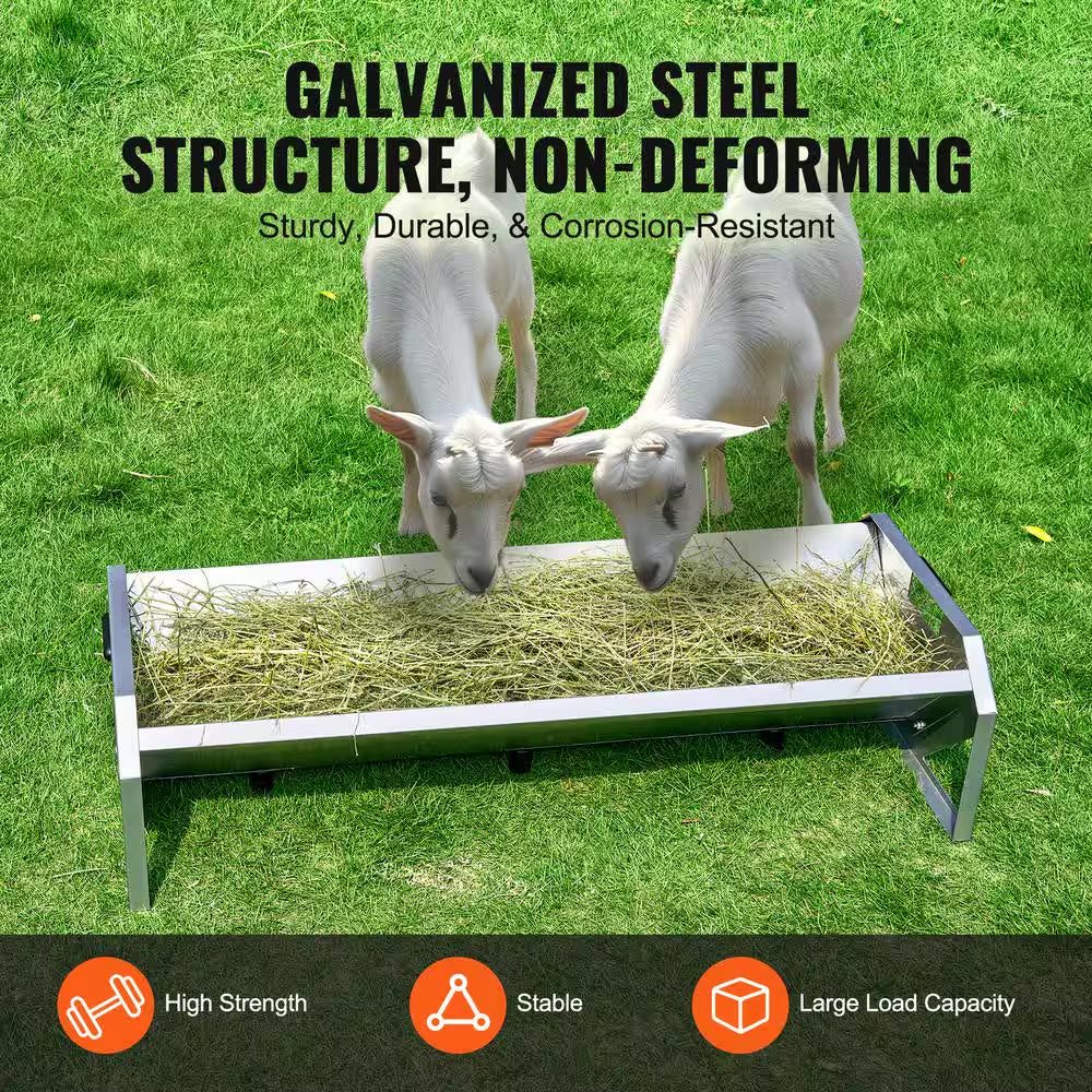 Livestock Feeding Trough, 22 Gal. Capacity 45 In. Hay Feeder, Heavy Duty Steel Livestock Trough, Galvanized Steel Feeder