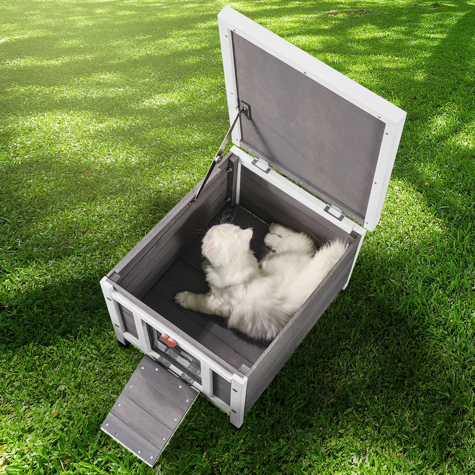 Outdoor Cat House Wooden Feral Cat Shelter with Roof & PVC Door Flaps