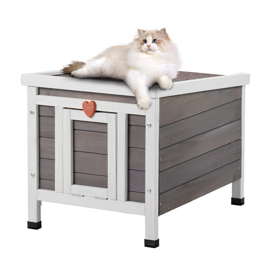 Outdoor Cat House Wooden Feral Cat Shelter with Roof & PVC Door Flaps