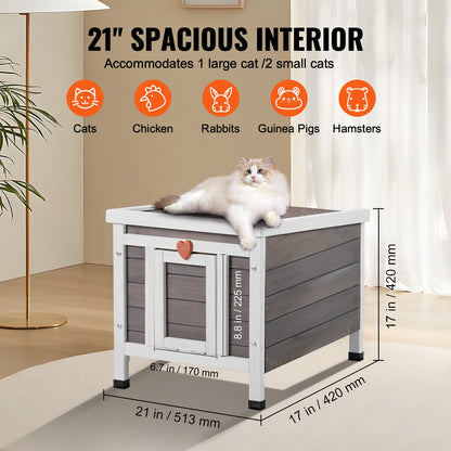 Outdoor Cat House Wooden Feral Cat Shelter with Roof & PVC Door Flaps