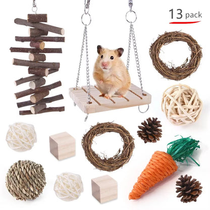Combination Hamsters Rabbit Rat Toys Hamster Toys Set Pet Rabbit Guinea Pig Parrot Play Molar Wooden Supplies