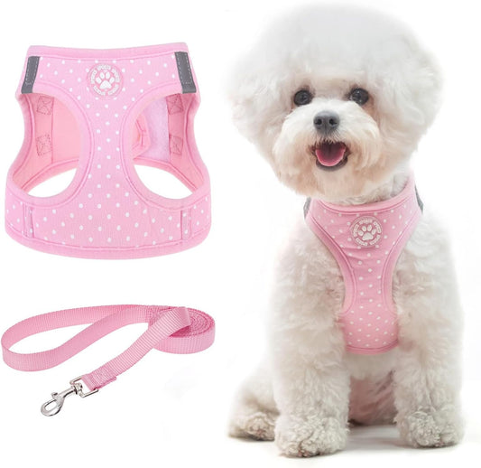 Dog Vest Harness for Puppy and Cat, No Pull Adjustable Reflective Step-In Puppy Harness Cute Pink Polka Dot Soft for Small and Medium Dogs