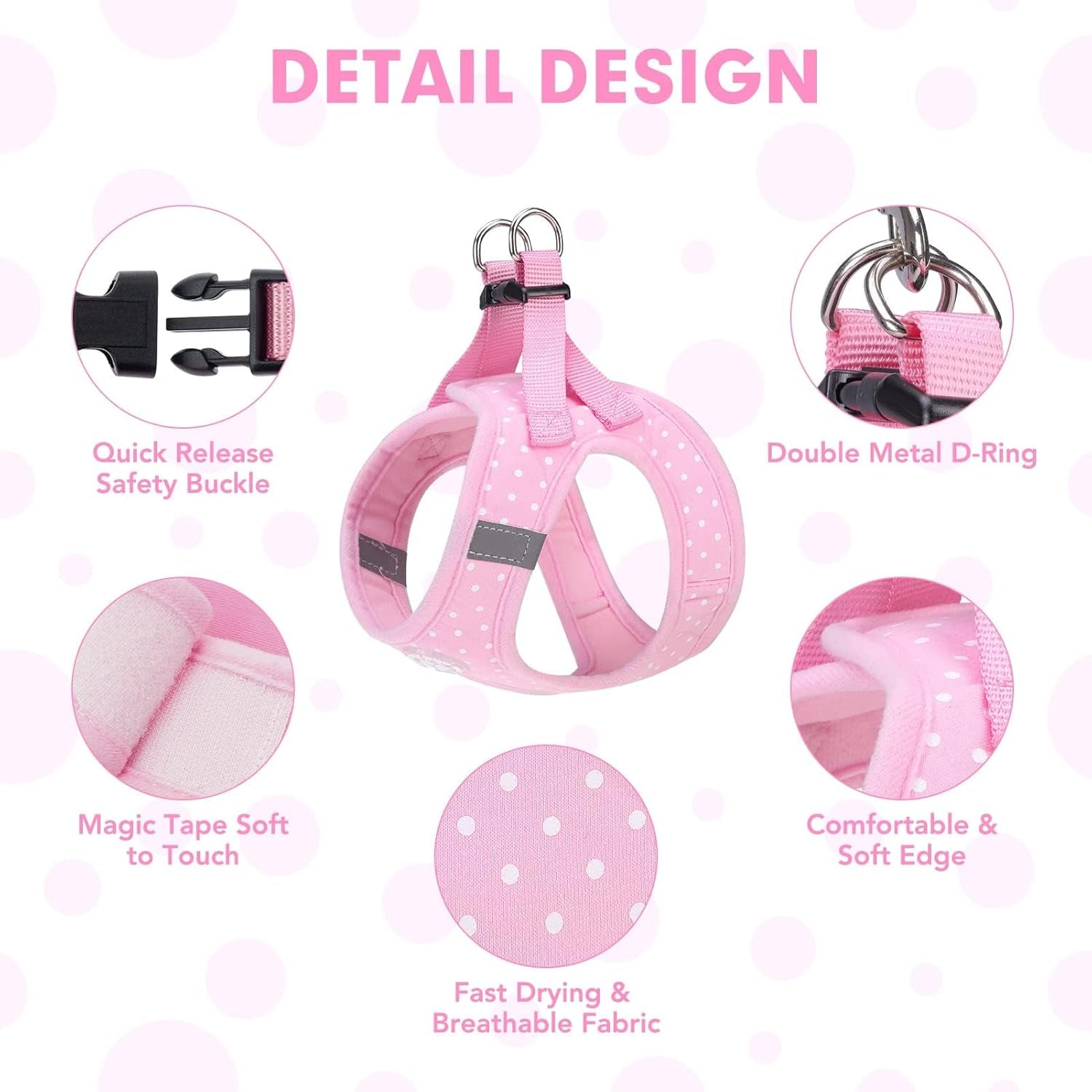 Dog Vest Harness for Puppy and Cat, No Pull Adjustable Reflective Step-In Puppy Harness Cute Pink Polka Dot Soft for Small and Medium Dogs